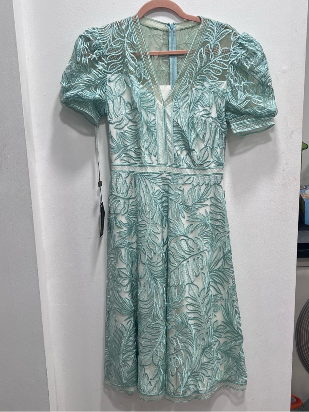 Tadashi Shoji Mint Green Leaf-Embroidered Midi Dress - Picture 4 of 8
